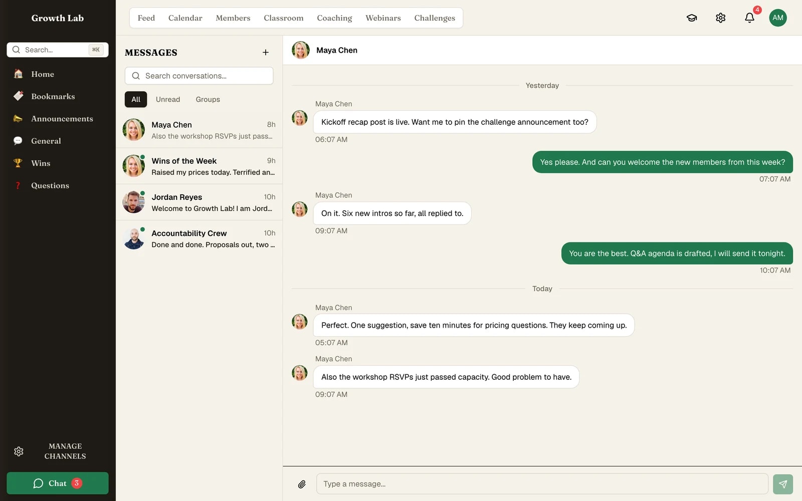 A real-time chat thread inside the community