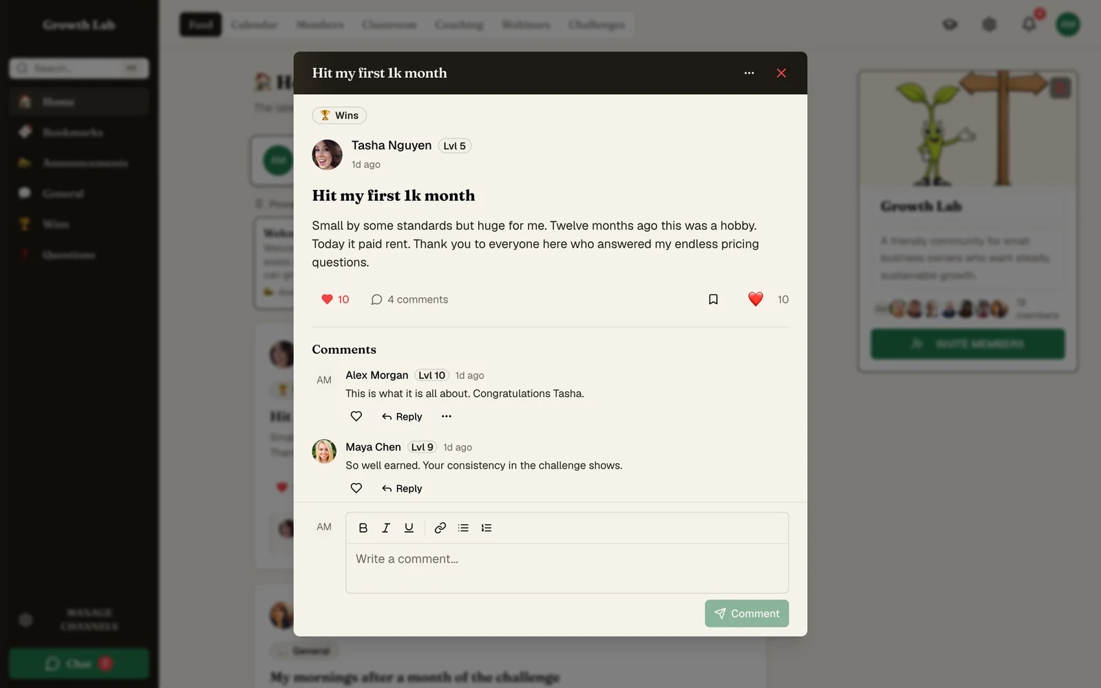 A community feed post with live reactions and threaded replies