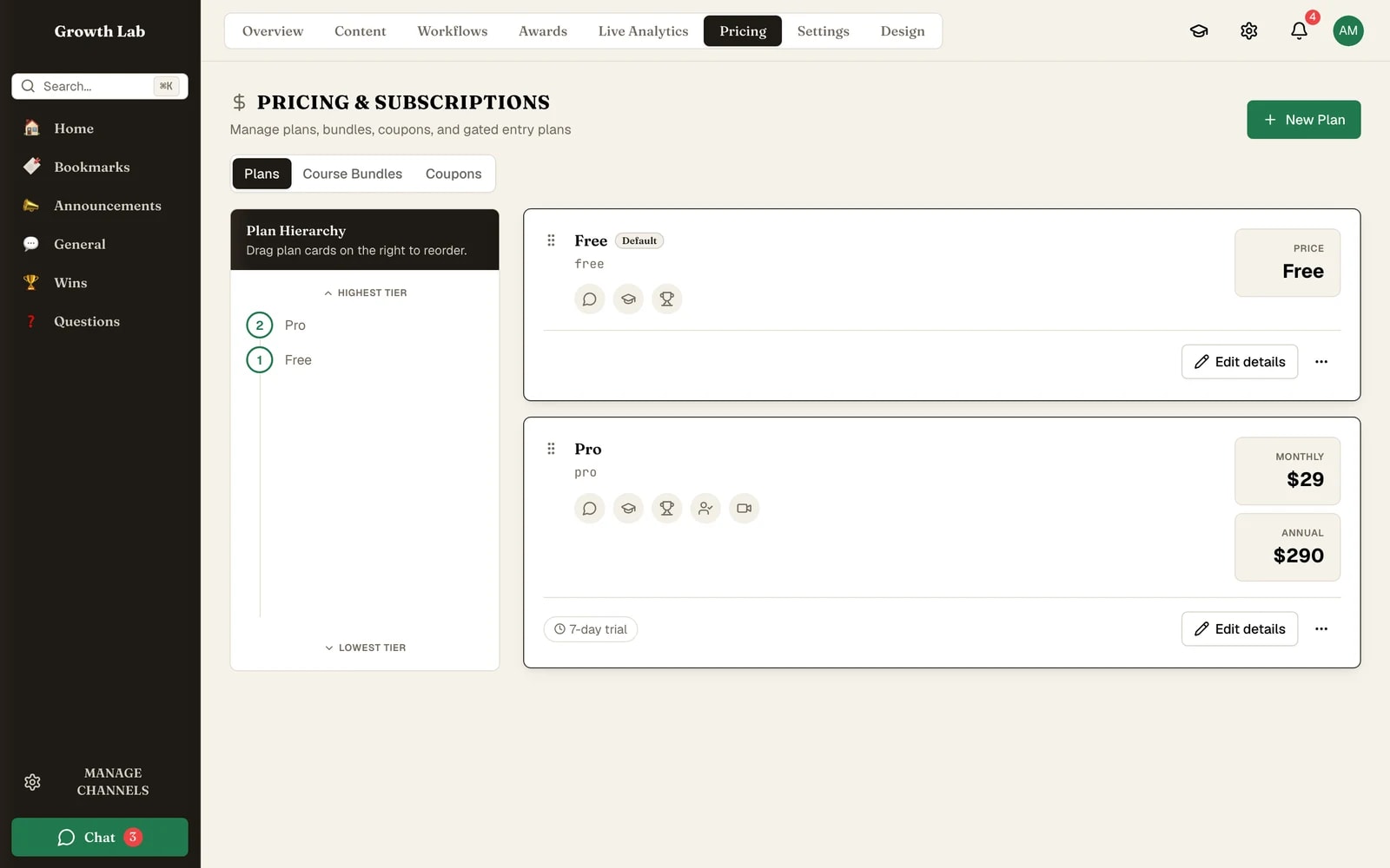 Membership plans and pricing tiers you configure