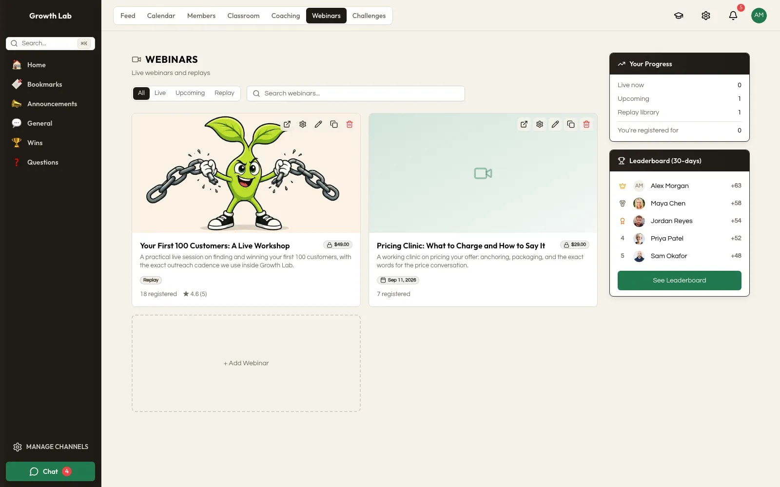 The webinars area inside a community, with a replay and an upcoming session