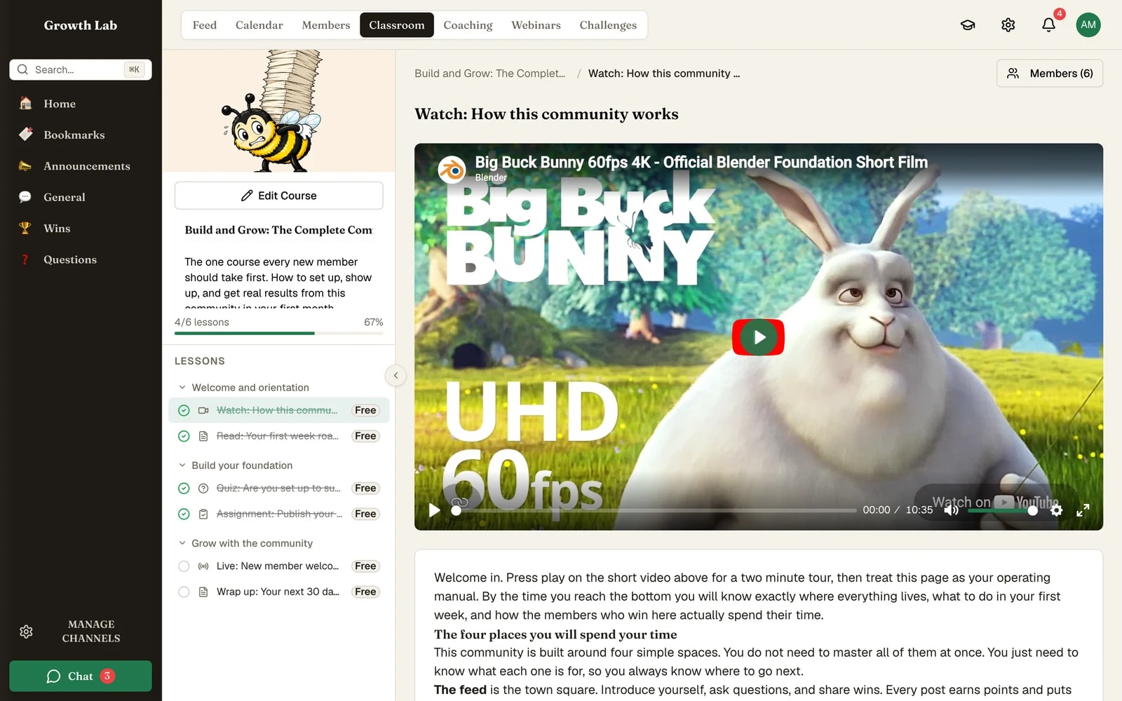 A course outline with lessons and modules in the classroom